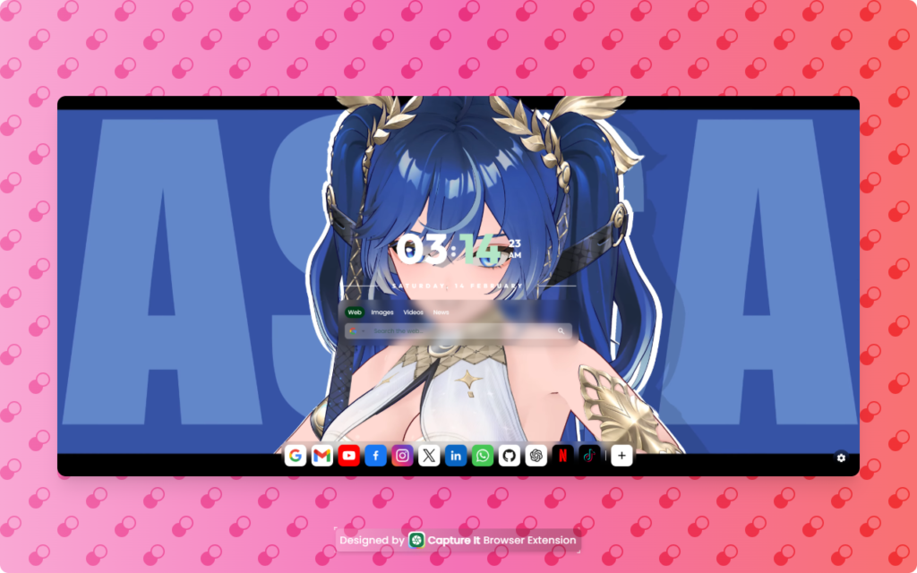 Glossy New Tab extension interface with Mac OS-style bottom bar and vibrant background images