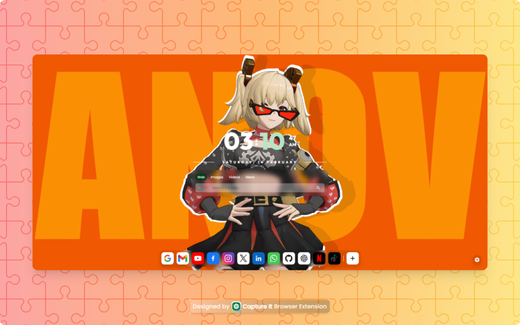 Glossy New Tab Chrome extension dashboard showing live wallpapers and customizable widgets
